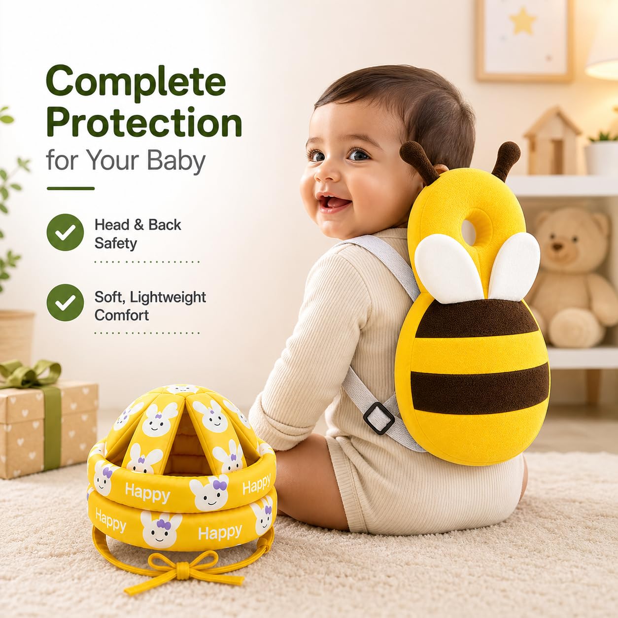 Baby Back Protector with Head Protective Hat Combo Set, Cute Honey Bee Shape Soft Cushioning, Adjustable Shoulder Belt, Head Protection Gear for 6-18 Month Toddler Kids