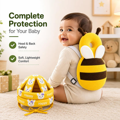 Baby Back Protector with Head Protective Hat Combo Set, Cute Honey Bee Shape Soft Cushioning, Adjustable Shoulder Belt, Head Protection Gear for 6-18 Month Toddler Kids