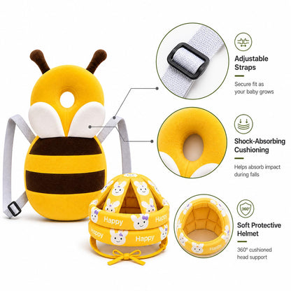 Baby Back Protector with Head Protective Hat Combo Set, Cute Honey Bee Shape Soft Cushioning, Adjustable Shoulder Belt, Head Protection Gear for 6-18 Month Toddler Kids